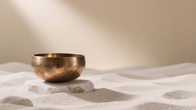 Golden singing bowl resting on a stone in serene sand, bathed in soft light, evoking tranquility and mindfulness.