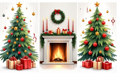 Festive watercolor posters with elegant ornaments Christmas tree fireplace and New Year decor for 2026. Ideal for holiday cards invitations or seasonal displays. Charming xmas artistic. High quality