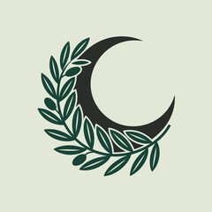 Ramadan Crescent Moon with Olive Branch Symbol for Eid Celebration