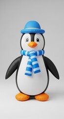 Obraz premium Adorable Penguin Figurine with Blue Hat and Scarf on White Background.