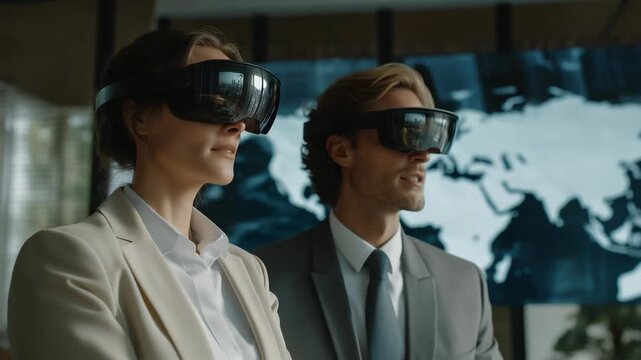Futuristic VR interface where avatars of professionals teleport instantly into international offices, holographic world map in background &mdash; concept of cross-border collaboration, virtual workplace