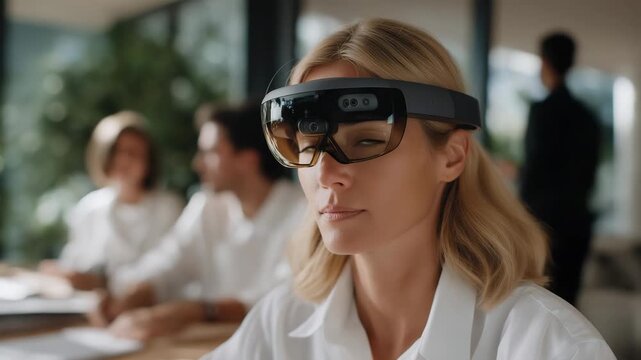 Group of avatars interacting in virtual offices across continents, holographic tools facilitating real-time collaboration &mdash; illustrating team synergy, international business collaboration, and