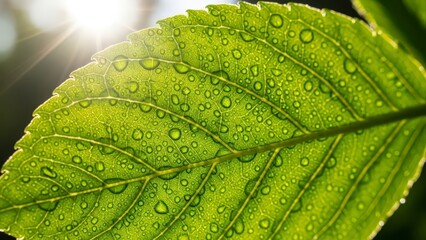Close-up of a vibrant green leaf adorned with glistening water droplets, illuminated by a soft sun flare.