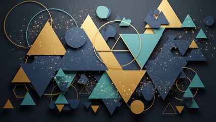 Abstract geometric composition with layered golden teal and dark blue triangles circles and hexagons featuring glitter accents for modern design backgrounds