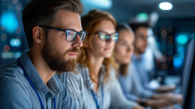 Diverse team of faceless analysts in control room looking at screens with focused concerned expressions, representing security operations center SOC managing critical incident or c
