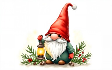 Christmas gnome with lantern, fir branches, cones and holly berries and leaves. Hand drawn watercolor isolated illustration fairytale character for New year greeting card, festive package and design.