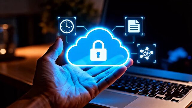 Cloud Security Concept: Animated Hand Presenting Secured Cloud with Digital Icons
