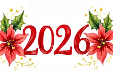 Festive watercolor image of christmas poinsettias with vibrant 2026 text. concept of holiday cheer, seasonal celebration, floral art, radiant design. High quality