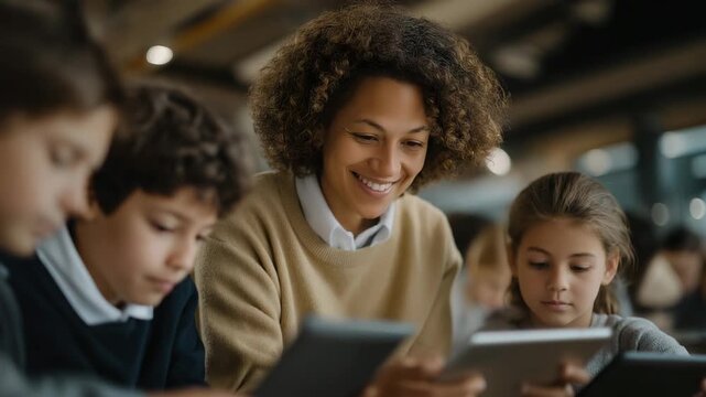 Teacher guiding a small group of neurodiverse students using tablets with visual learning apps &mdash; representing education technology accessibility, empathy-driven learning, and equal opportunity