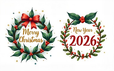 set of Merry Christmas and Happy New Year 2026 greeting card, poster, banner, holiday cover. Xmas template in watercolor style with 2026 design in gold green blue and red colors for ads and promo web
