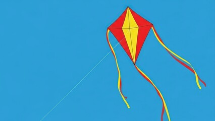 Vibrant Red and Yellow Diamond Kite Soaring High in a Clear Blue Sky on a Sunny Day.