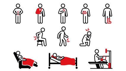 Body Pain Illustrations &ndash; Visual Icons of Common Injuries Including Headache, Chest, Joint, Muscle, and Postural Discomfort for Medical and Educational Use