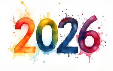 A colorful watercolor "2026" with splashes and gradients blending seamlessly. picture. High quality