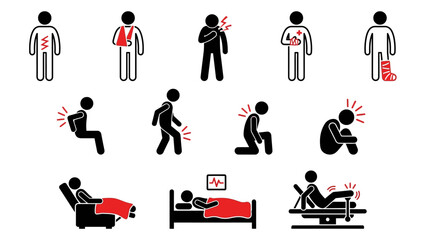 Physical Pain and Recovery Icons &ndash; Silhouette Illustrations of Injury, Discomfort, Medical Care, and Rehabilitation Activities for Health, Therapy, and Safety Awareness