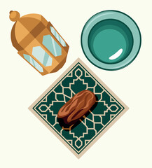 Ramadan Iftar Setup with Lantern, Date, and Glass on Patterned Plate