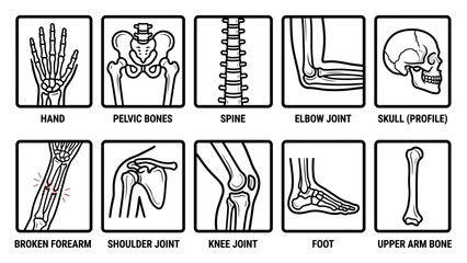 Human Skeletal System Diagram &ndash; Labeled Illustrations of Skull, Spine, Joints, Limbs, and Fracture for Medical, Educational, and Orthopedic Reference