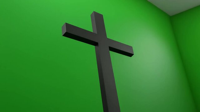 Black cross rising in green corner room, viewed from below, emphasizing contrast and spiritual elevation.