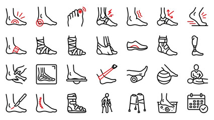 Foot and Ankle Health Icons &ndash; Labeled Visuals of Pain, Injury, Devices, Therapy, and Rehabilitation for Medical, Diagnostic, and Educational Use