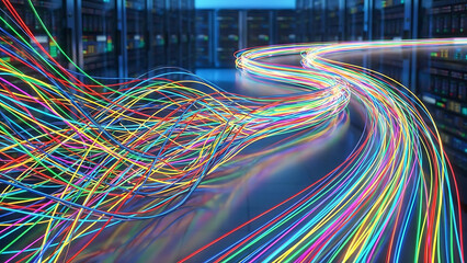 Colorful Fiber Optic Cables Flowing Through a Data Center Server Room