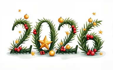 Watercolor number 2026 decorated with fir branches, red berries, golden stars and ornaments, festive detailed christmas typography illustration. High quality