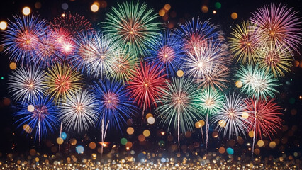Vibrant fireworks display exploding in a colorful night sky with sparkling bokeh lights perfect for festive celebrations holidays and New Years Eve backgrounds