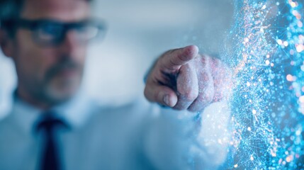 Businessman interacting with digital data display in modern office space
