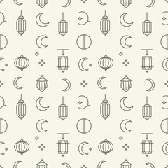 Islamic Pattern with Crescent Moons, Lanterns, and Stars for Ramadan and Eid