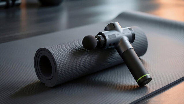 A sleek massage gun resting on a rolled yoga mat, bathed in warm ambient light.