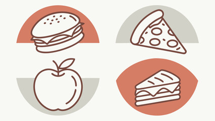 Vector illustration set of fruit icons and cartoon fast food restaurant meal designs