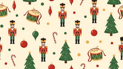 Festive Christmas Pattern with Nutcrackers, Trees, and Ornaments.