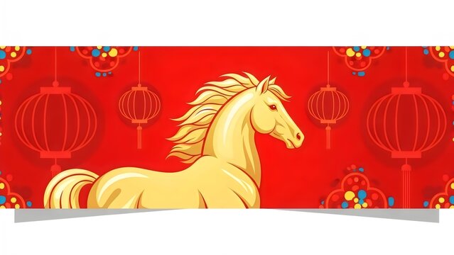 Festive golden horse illustration symbolizing the Chinese New Year and Year of the Horse set against a vibrant red background with traditional lanterns ideal for cultural celebrations. - Powered by Adobe