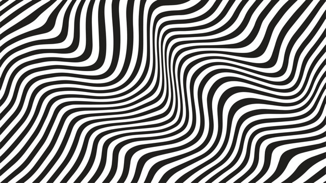 Abstract black and white wavy stripes pattern with a distorted optical illusion effect