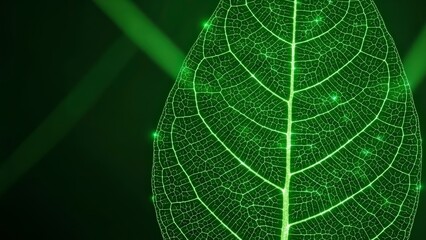 Close-up of a vibrant green leaf with intricate vein patterns, glowing with a subtle light against a dark background, highlighting its natural beauty and biological structure.