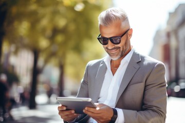 Confident businessman with stylish gray hair enjoying a sunny day while using a tablet in an urban outdoor setting