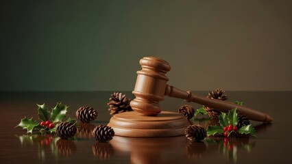 Wooden Gavel with Christmas Decorations on a Reflective Surface.