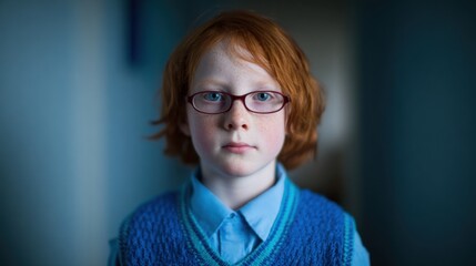 Child with red hair and glasses standing indoors looking directly at the camera