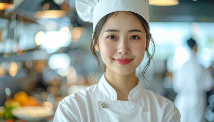 Portrait of a smiling young female chef wearing a chef's hat and uniform, ready to cook with culinary expertise and passion in a professional kitchen setting