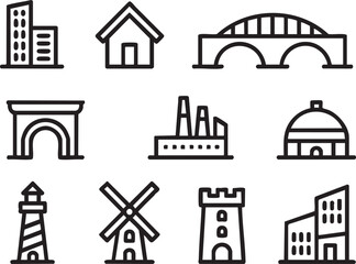 Collection of black line art icons representing diverse buildings and structures house home