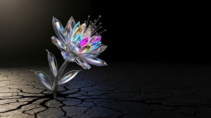Vibrant Crystal Flower Blooming from Cracked Earth in Dark Setting.