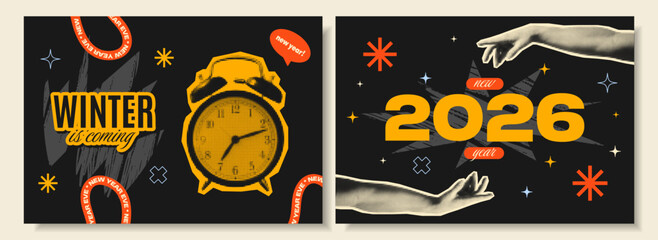 Bold halftone collage posters with retro New Year 2026 themes, including alarm clock, abstract hands, starbursts, and &ldquo;Winter is Coming&rdquo; lettering in pop-art style on dark textured backgrounds.
