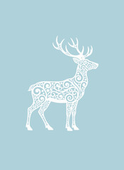 A white ornate stag with intricate swirling patterns on its body stands against a light blue background.