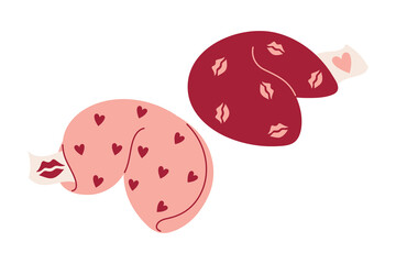 Valentine Fortune Cookies with Hearts, Lips, and Love themed messages. Valentine's Day illustration