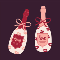 Two Love Themed Champagne Bottles with kiss marks and bows. Valentine's Day vector illustration