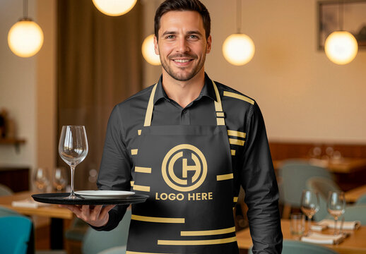 Smiling Waiter In Apron Serving Mockup