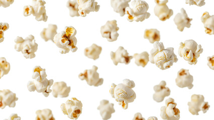 Scattered fluffy golden popcorn pieces on a crisp white background