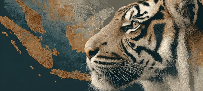 Tiger with Indonesia Sumatra, Java, and Malaya map. Generative AI technology.	
