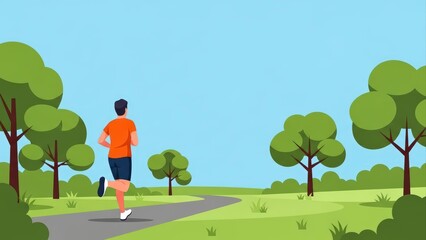 Man jogging in a park with trees and clear sky.