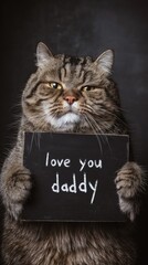 Cute fluffy gray cat holding text board that saying love you daddy