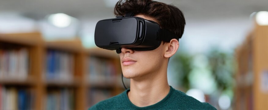 the student immersed in wonder as educational content unfolds through the virtual reality headset - Powered by Adobe