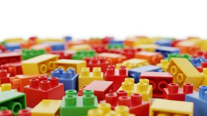 Colorful Plastic Building Blocks Scattered on a White Background.